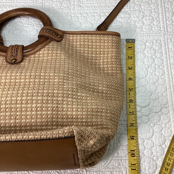 Fossil 1954 Classic Woven Purse Wooden Handles Detachable Straps Beige Brown - Picture 10 of 16